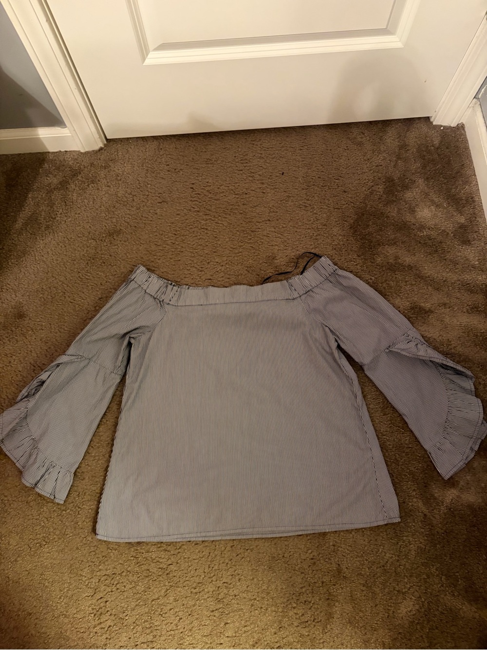 Cupio Light Blue Striped Off-Shoulder Bell Sleeve Top